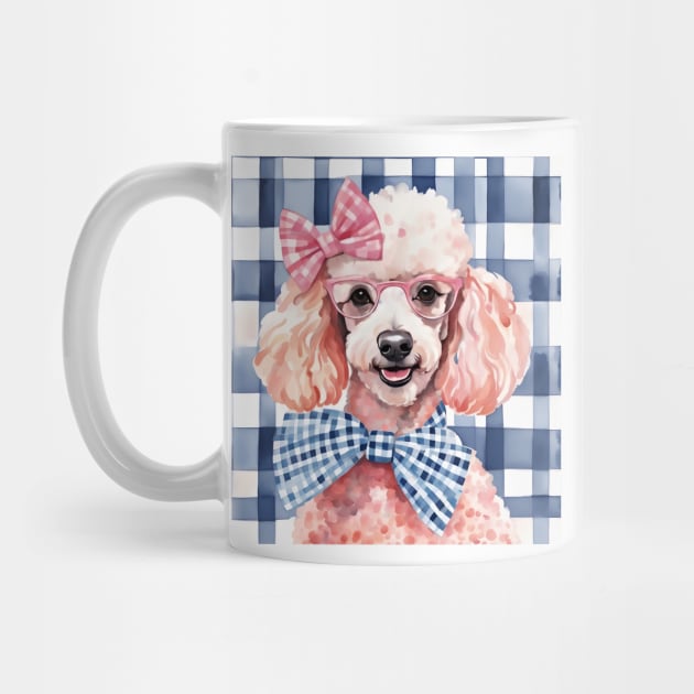 Poodle in pink glasses on blue gingham by SophieClimaArt